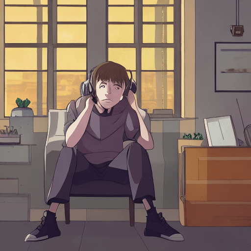 AI generated: high definition anime portrait of a man sitting in an armchair at home thinking about things, with h...