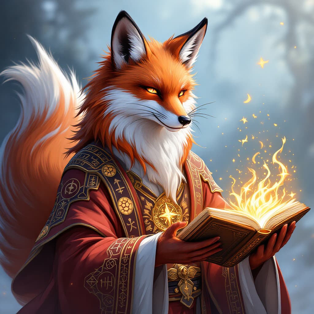 AI generated: *"A majestic fox sage with human-like features, depicted in an anime style with breathtaking detail ...