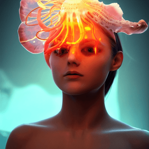 AI generated: goddess close-up portrait ribcagel. jellyfish phoenix head, nautilus, orchid, skull, betta fish, bio...