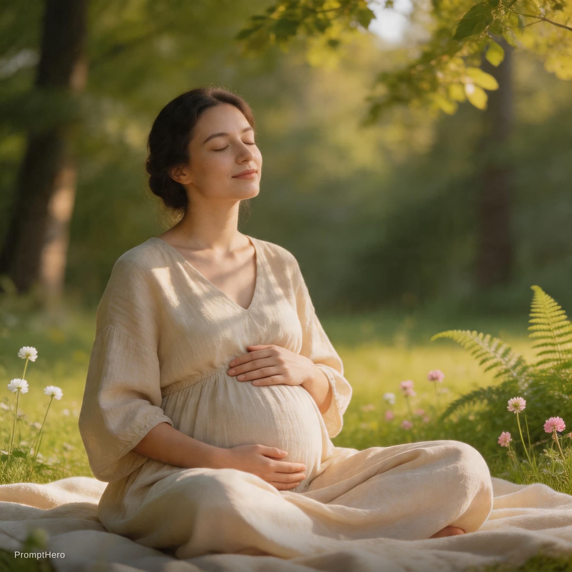 AI generated: Femme enceinte :Transition vers ambiance calme (respiration, nature, lumière douce)