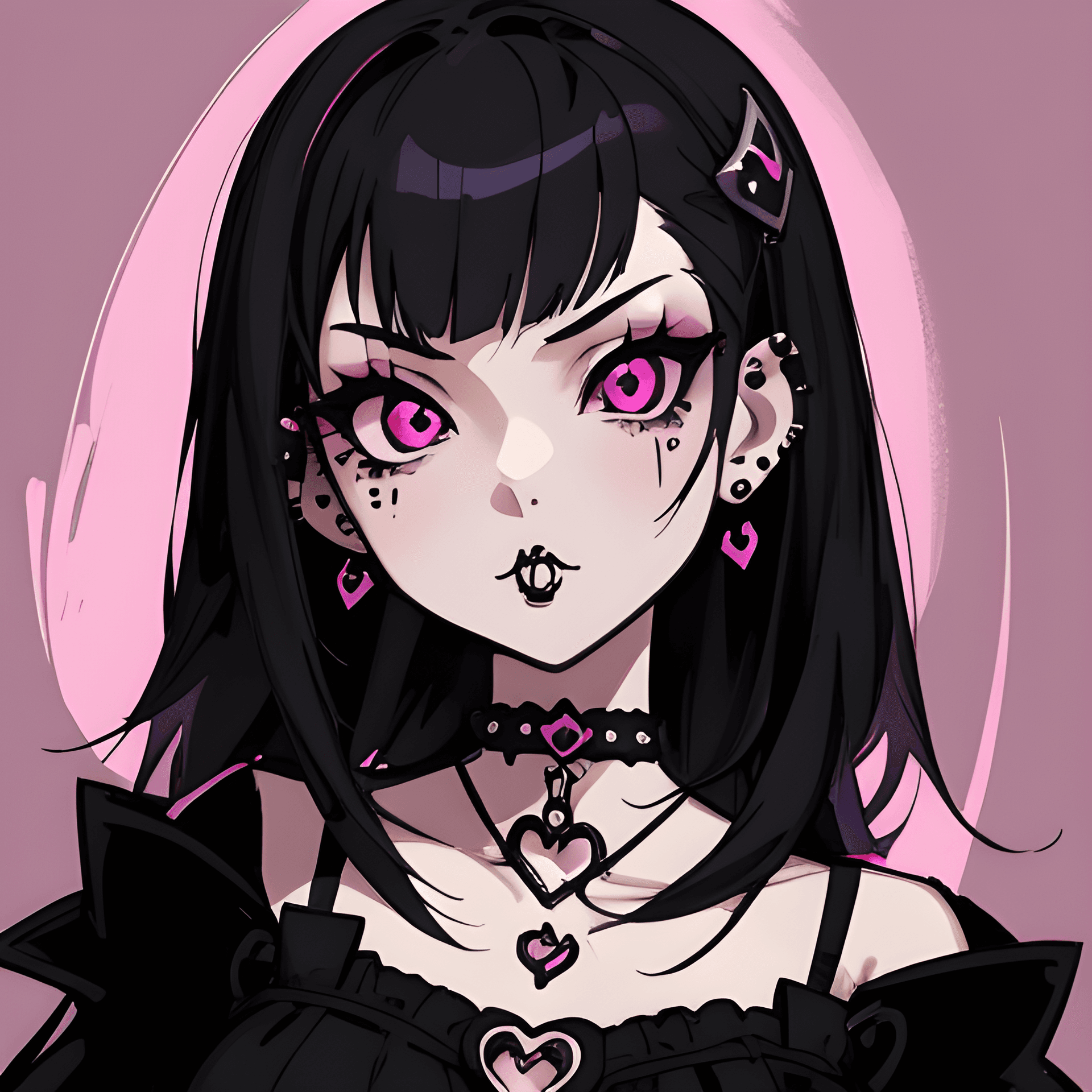AI generated: a drawing of a girl with black hair and piercings, an anime drawing, gothic art, pink and black, dis...
