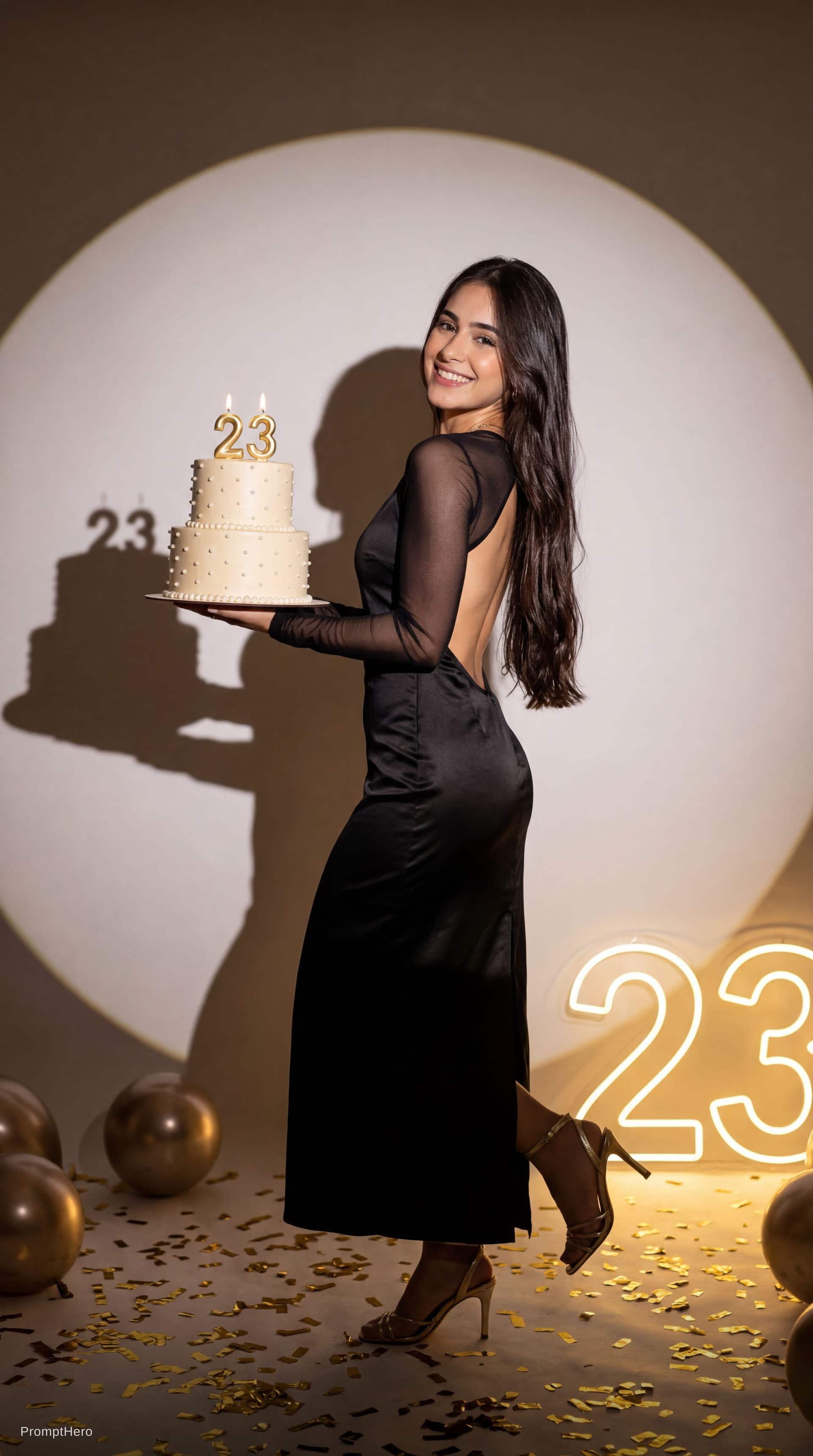 AI generated: Ultra realistic luxury birthday photoshoot of a woman celebrating her 23th birthday, high-end studio...