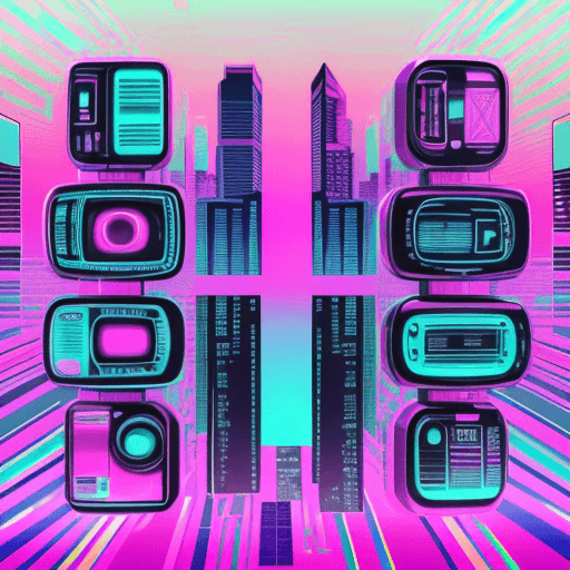 AI generated: Create a vaporwave-themed cell phone with 90's elements: Vibrant neon colors, digital grid landscape...