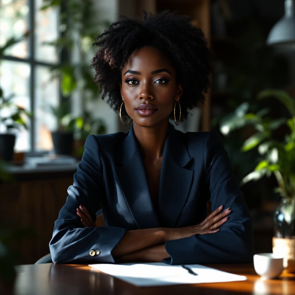 AI generated: a chocolate black lady, in a navy blue suit sitted in a well lit office 
