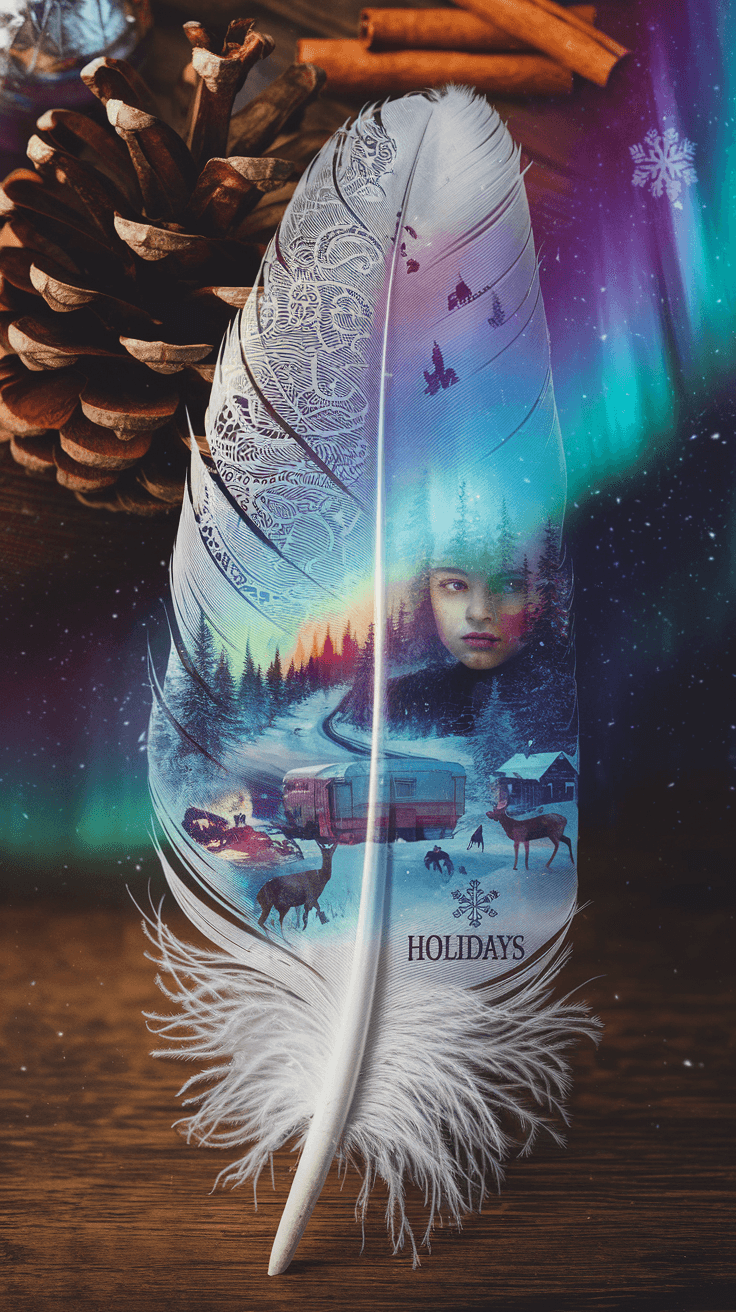 AI generated: high definition double exposure  vibrant colors  poster on the  macro white  filigree feather placed...