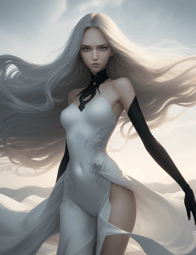 AI generated: Imagine a slender, girl with stunning beauty striking a cool pose. Behind her, the wind tousles her ...