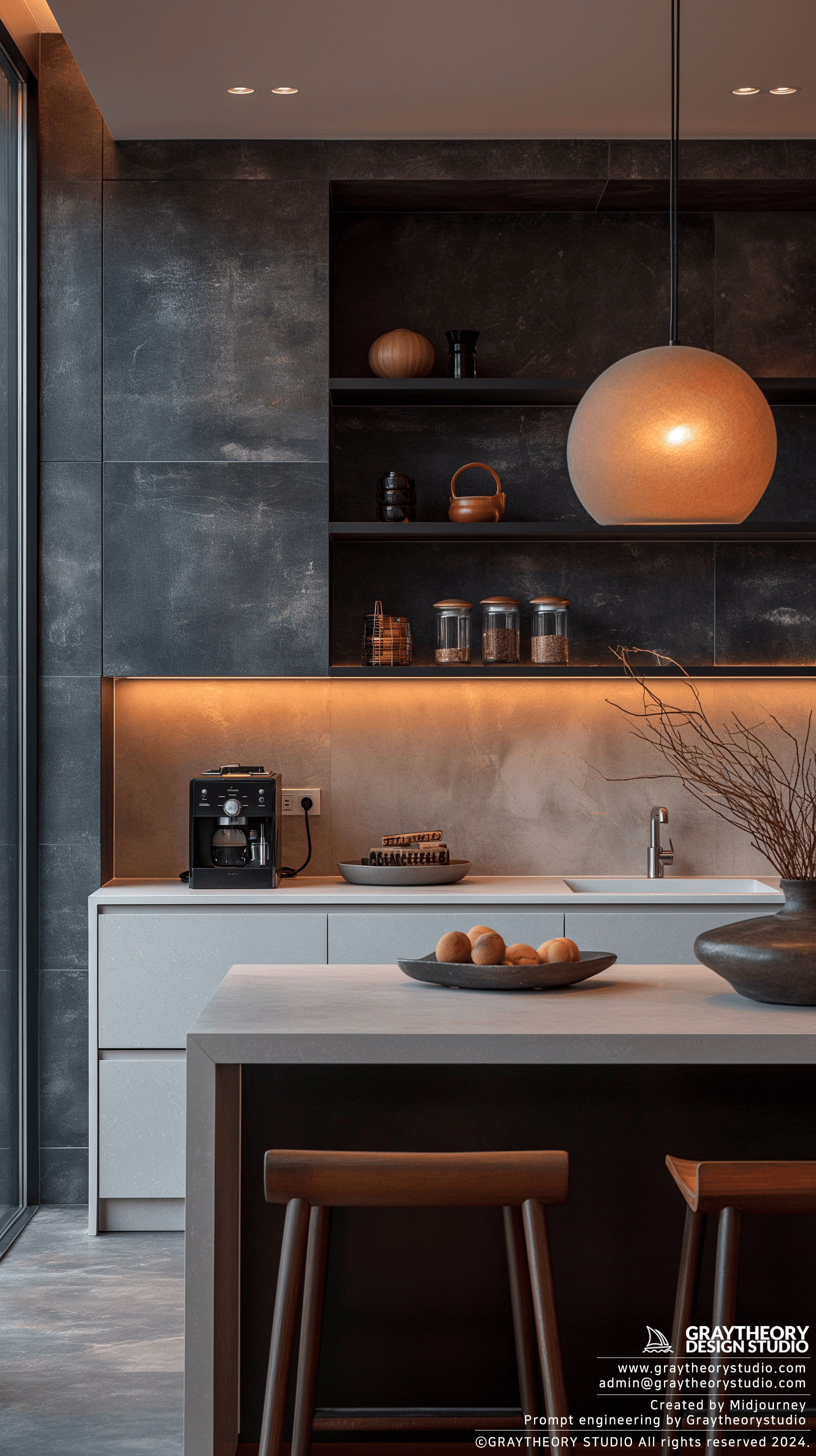 AI generated: modern kitchen in the pre-dawn light, sleek white tile and matte white finishes, with a beige, and m...