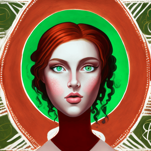 AI generated: a red-haireed girl with green eyes poses against the background of a fresco in the background in a l...