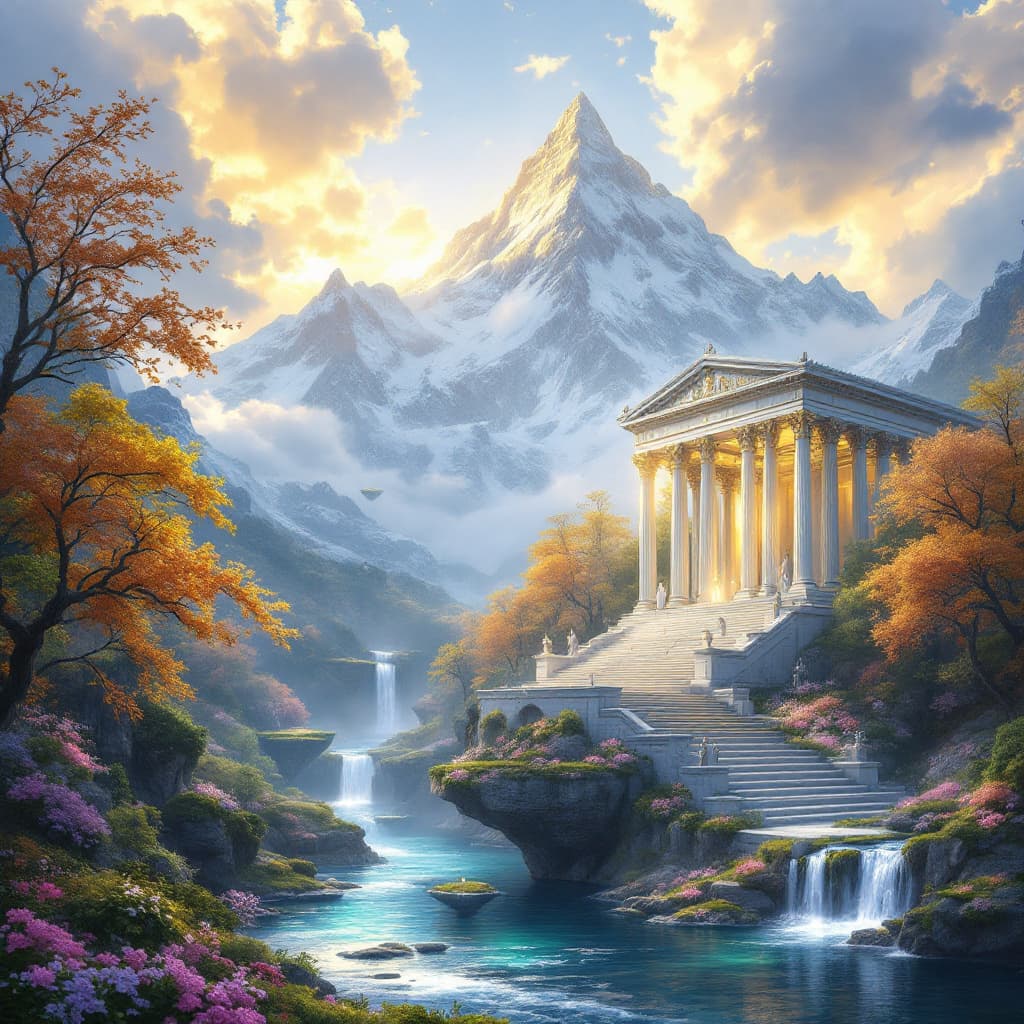 AI generated: A breathtaking, ethereal landscape where mythical and angelic beings reside. The scene features a to...