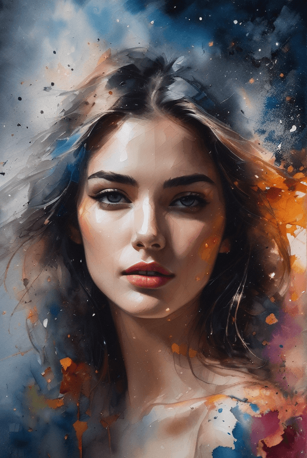 AI generated: A beautiful woman created from random paint blotches and brush strokes, stunning eyes, abstract wate...