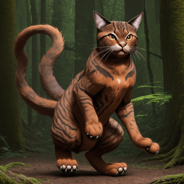 AI generated: frontal view of a nice, wise, giant brown cat dancing on rare paws in a  prehistoric forest,  fronta...