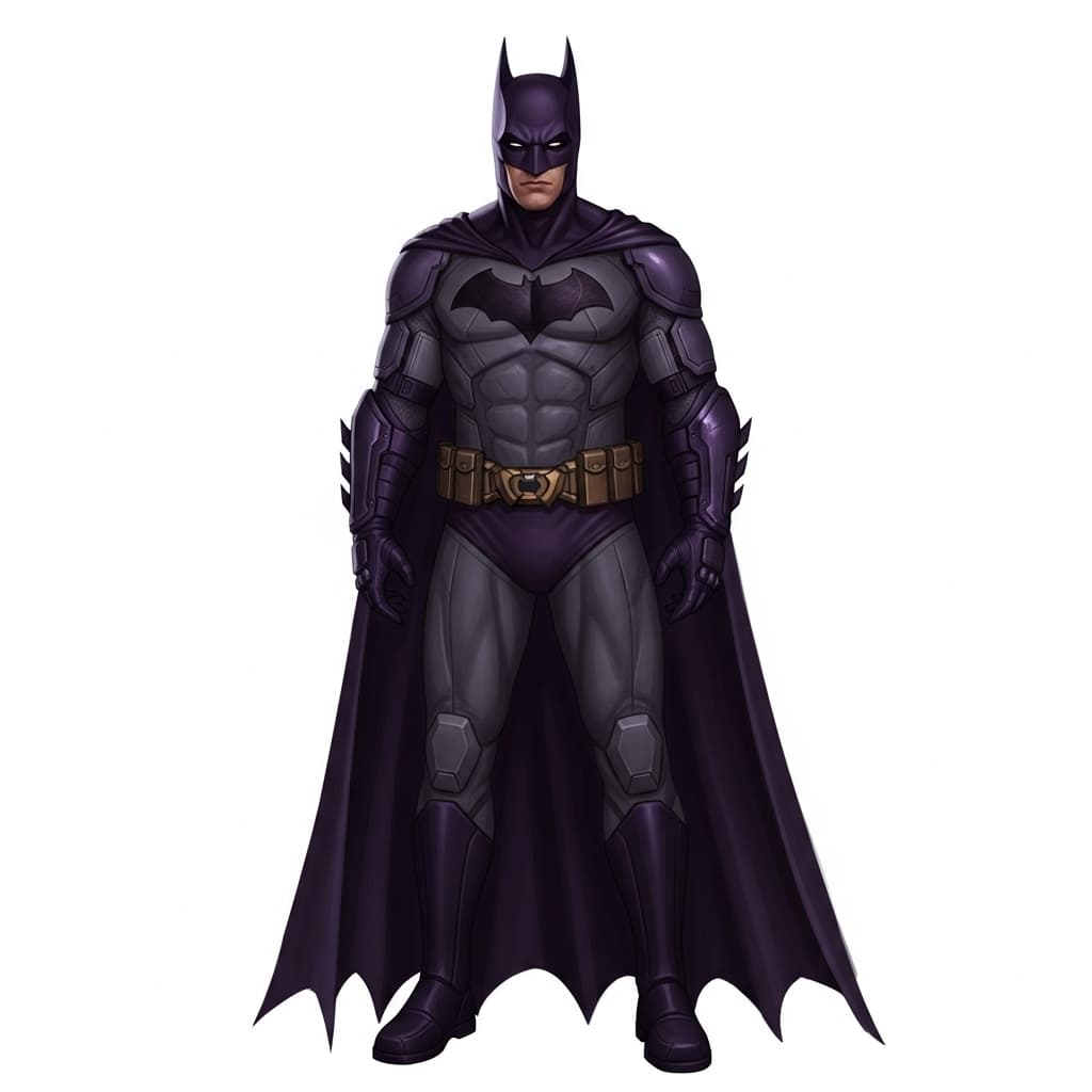 AI generated: a masterpiece, batman-like from dc comic wearing alternate dark purple costume, coy and alluring, fu...