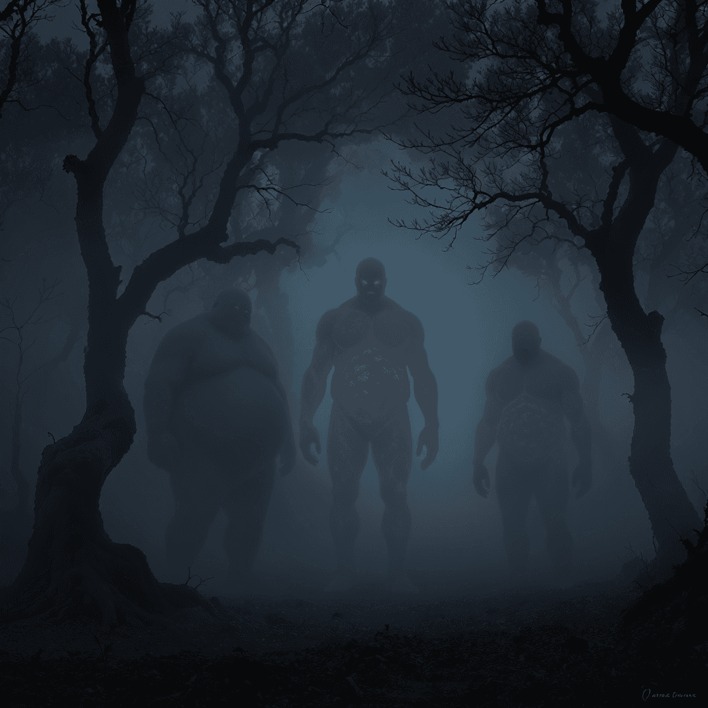 AI generated: Vertical 9:16 hyper-realistic image of an ancient, misty forest at twilight with dim, cold light fil...
