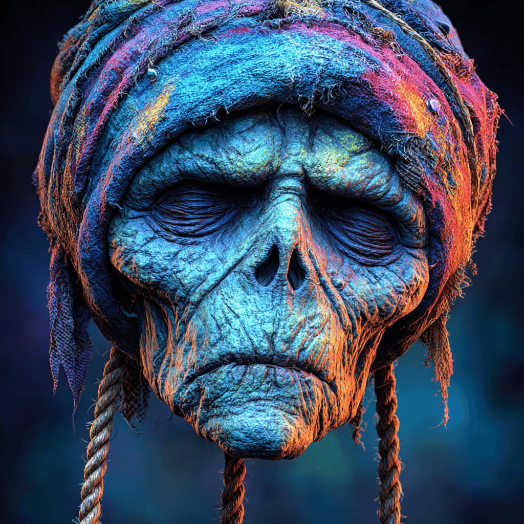 AI generated: A shrunken head, ancient and eerie, hanging at the end of a thin, frayed cord. The head looks weathe...
