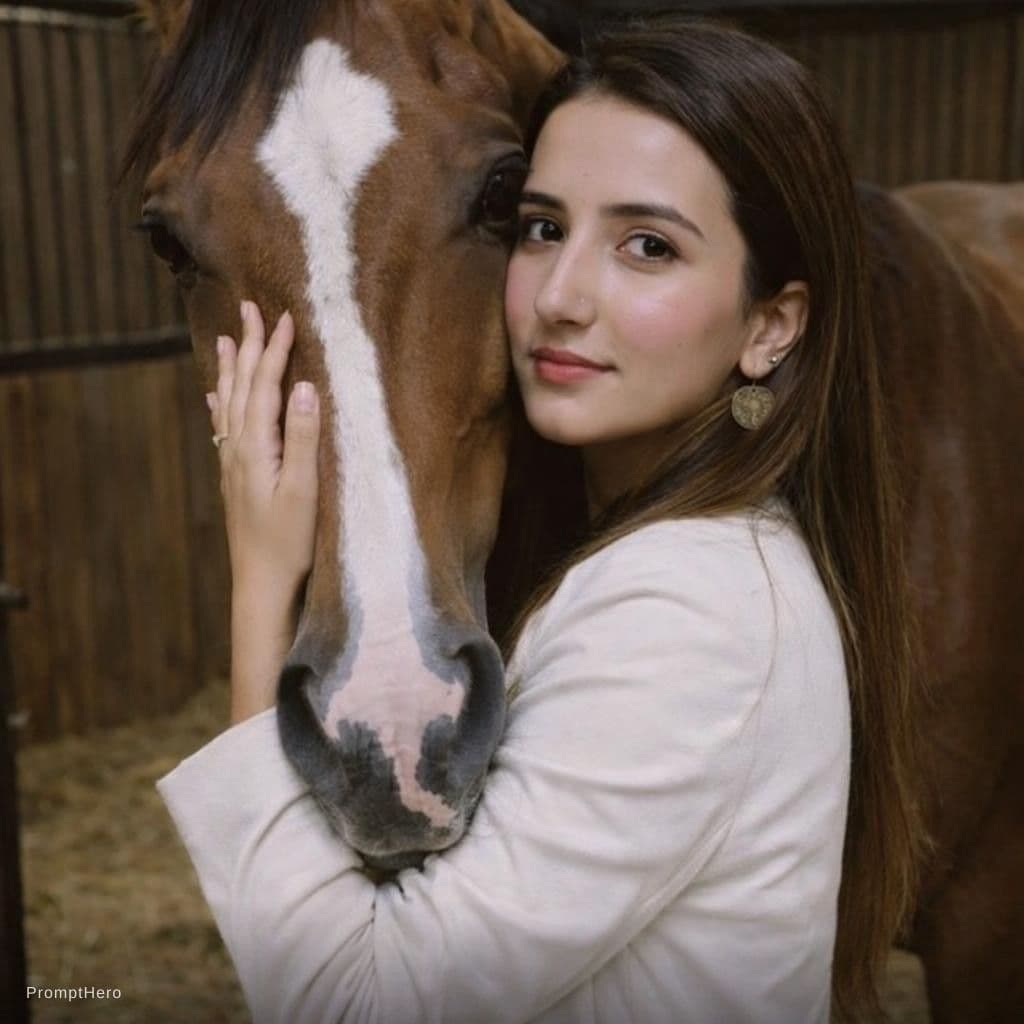 AI generated: A beautiful cute indian girl hugging a horse face use face from image attached without any changes t...