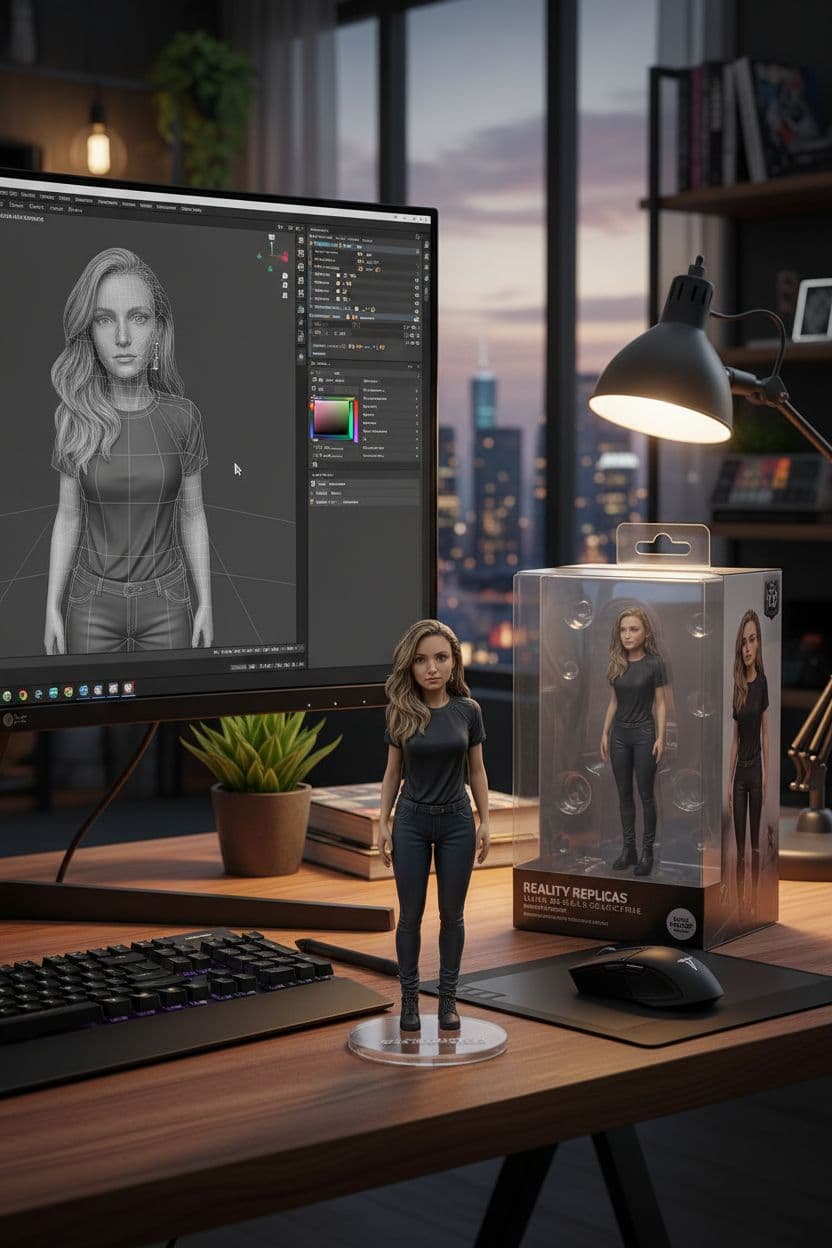 AI generated: Transforming the photographed person into a realistic 3D figurine in front of a computer desk. The c...