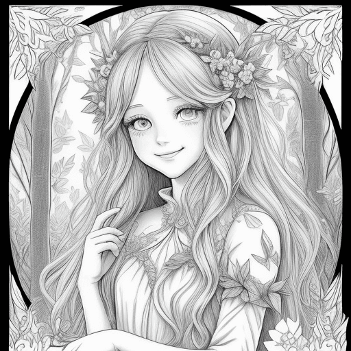 AI generated: Fairy coloring page, a forest fairy, with beautiful eyes, sweet smile, long hair, in a garden, black...