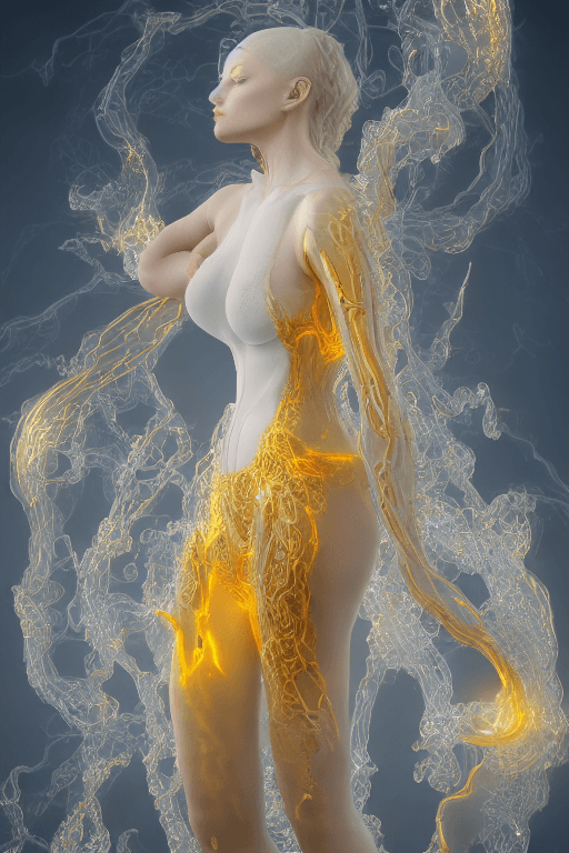 AI generated: ranslucent women in biomechanical body, liquid cooling, intricate circuits, beautiful, elegant, whit...