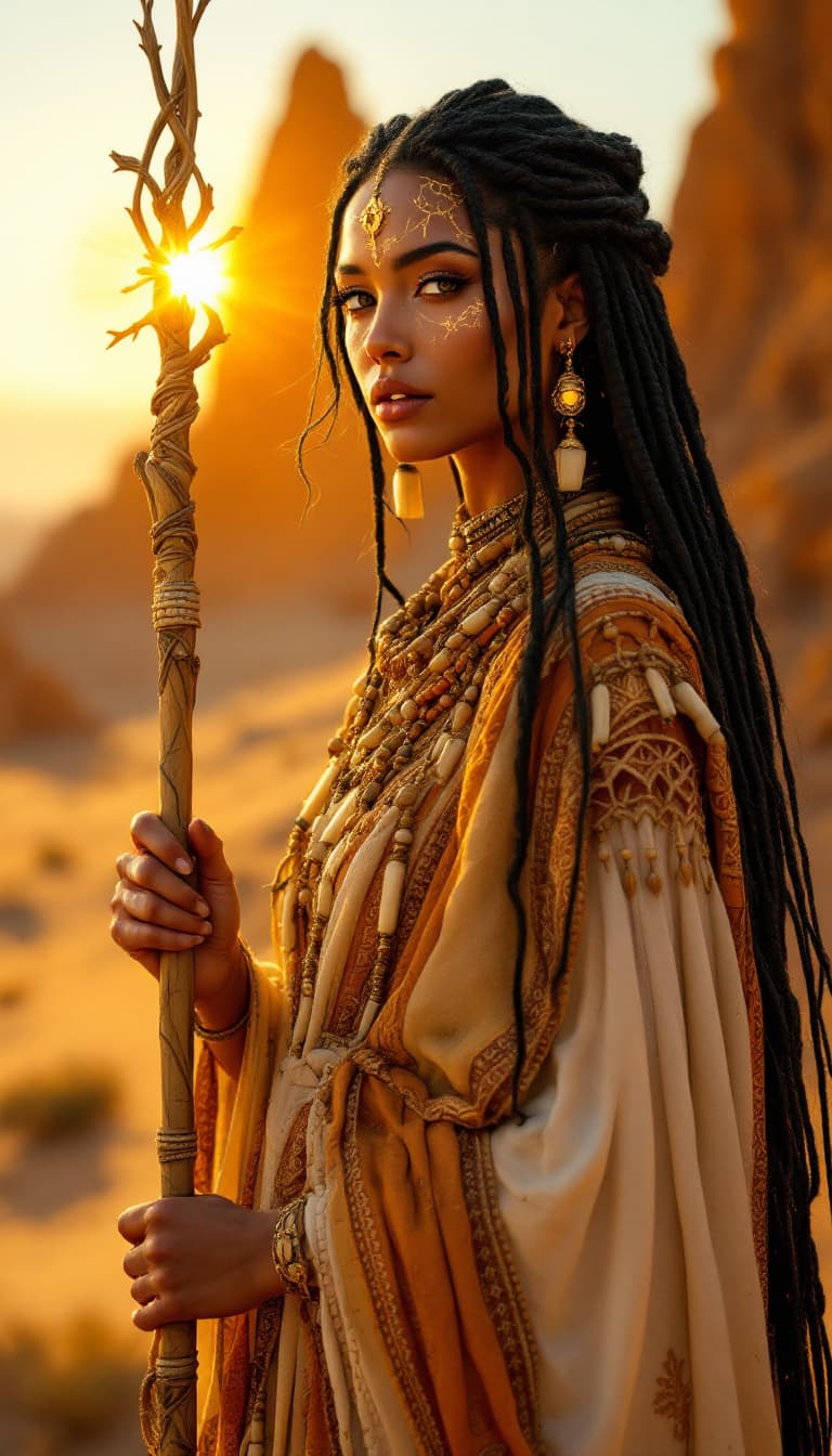 AI generated: An ultra-realistic, full-body portrait of a mesmerizing desert prophetess woman, radiating ancient w...