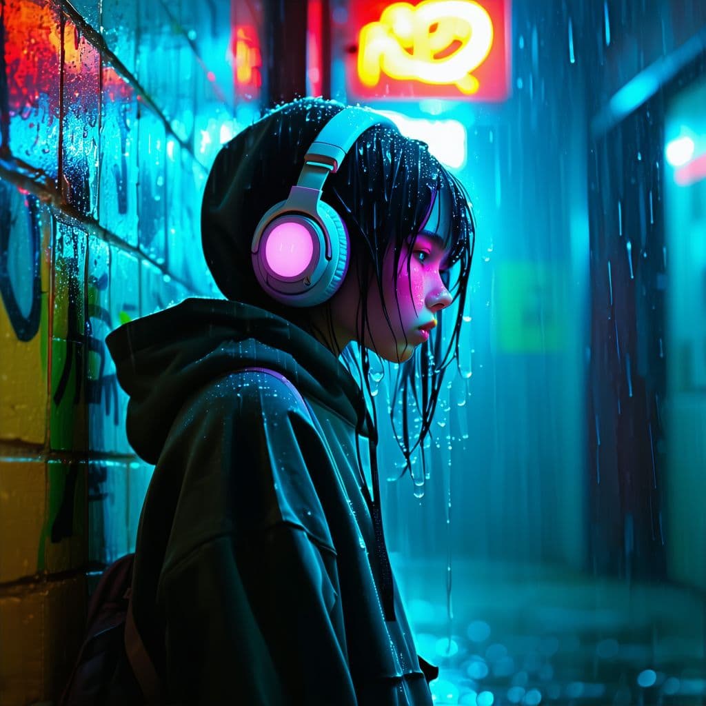 AI generated: masterpiece, girl alone, solo, incredibly absurd, hoodie, headphones, street, outdoor, rain, neon,
