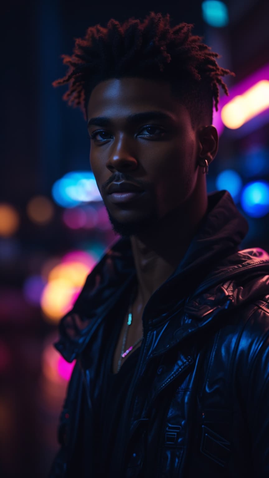 AI generated: A stunning and elegant young black man looking at the camera with dark brown dred hair and blue eyes...