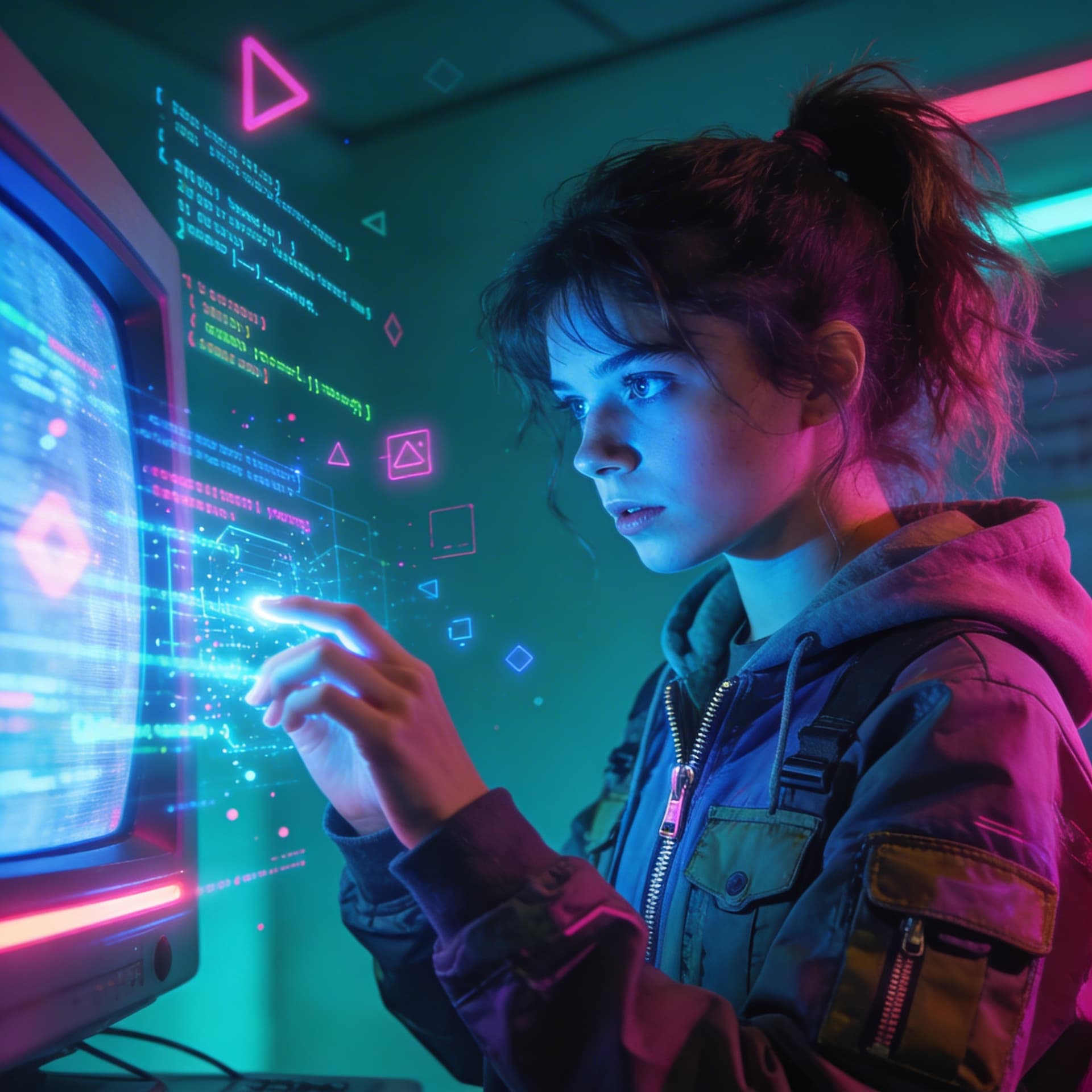 AI generated: 1980s movie style Riley working on holographic interface, fingers typing in air, blue light on face,...
