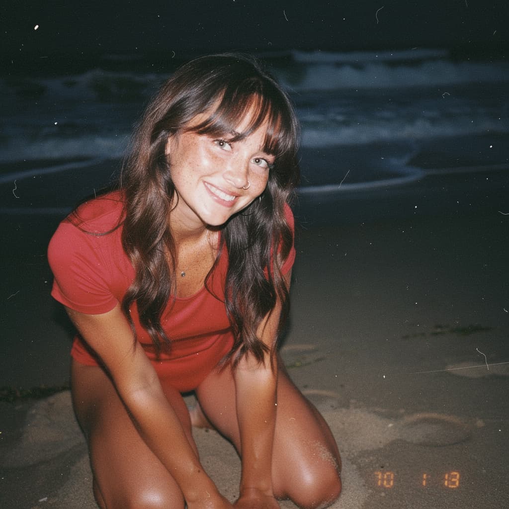 AI generated: Late 1990s digicam snapshot of a woman at Mamitas beach (Playa del Carmen). Her eyes are bright, coo...