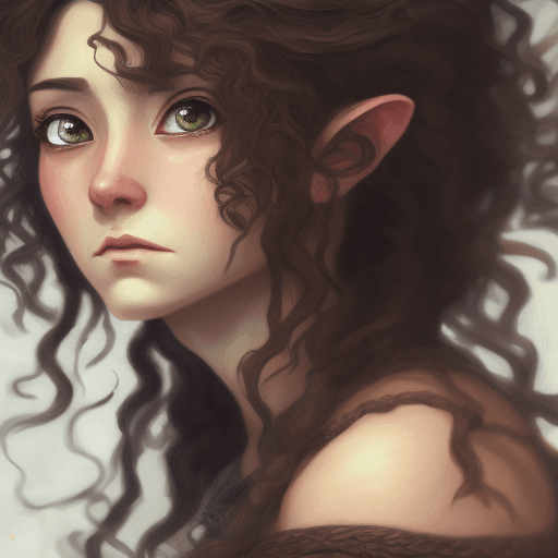 AI generated: A fantasy Anime style painting wide portrait of female hobbit art character with curly brown messy h...