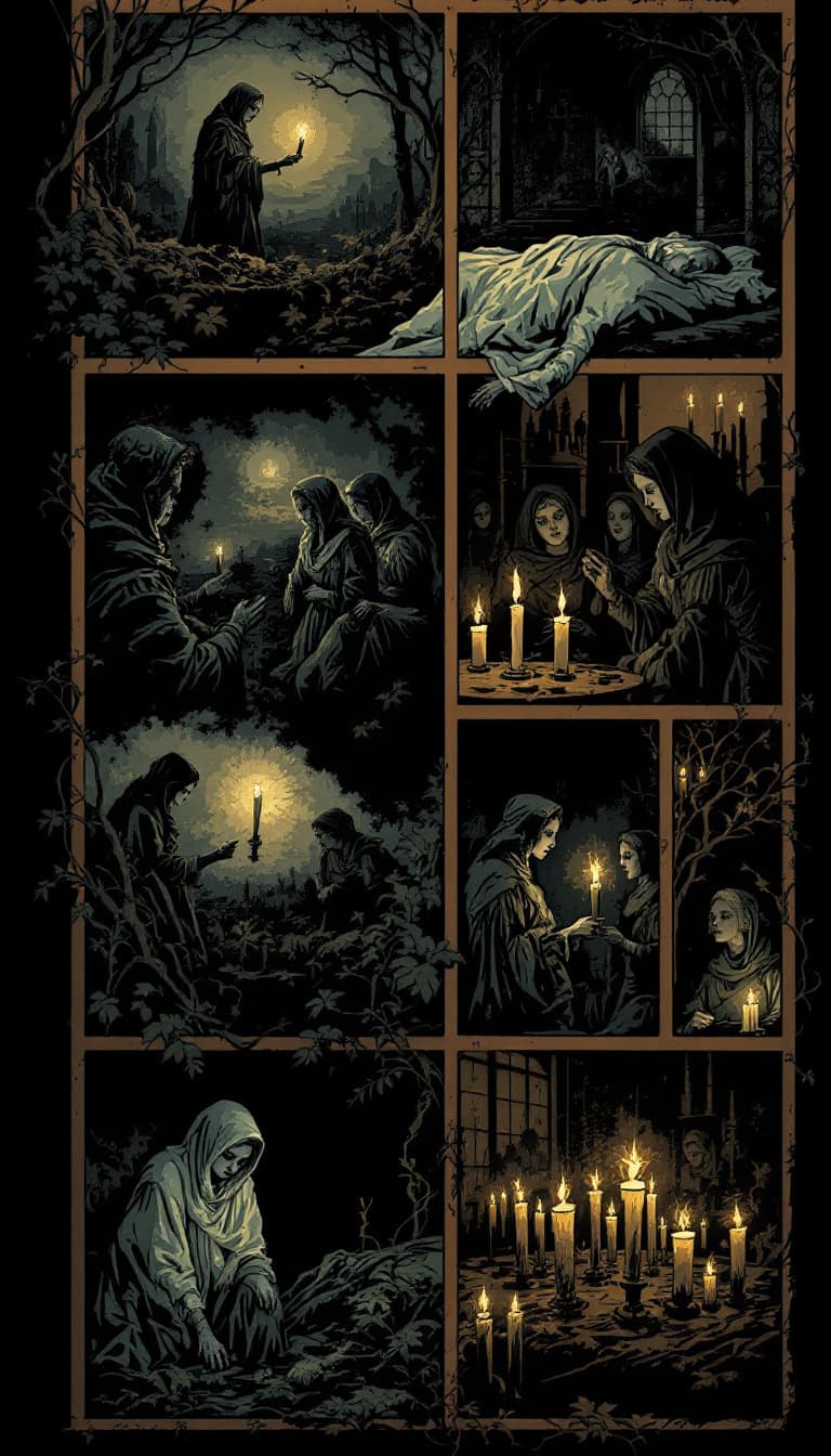 AI generated: Create an image in the style of a Victorian Penny Dreadful comic illustration of a solemn montage of...