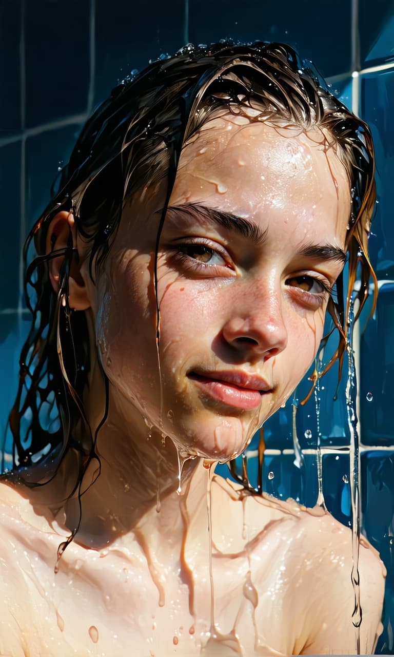 AI generated: The girl just finished taking a shower and sat at the desk.Her hair was soaking wet and she was usin...