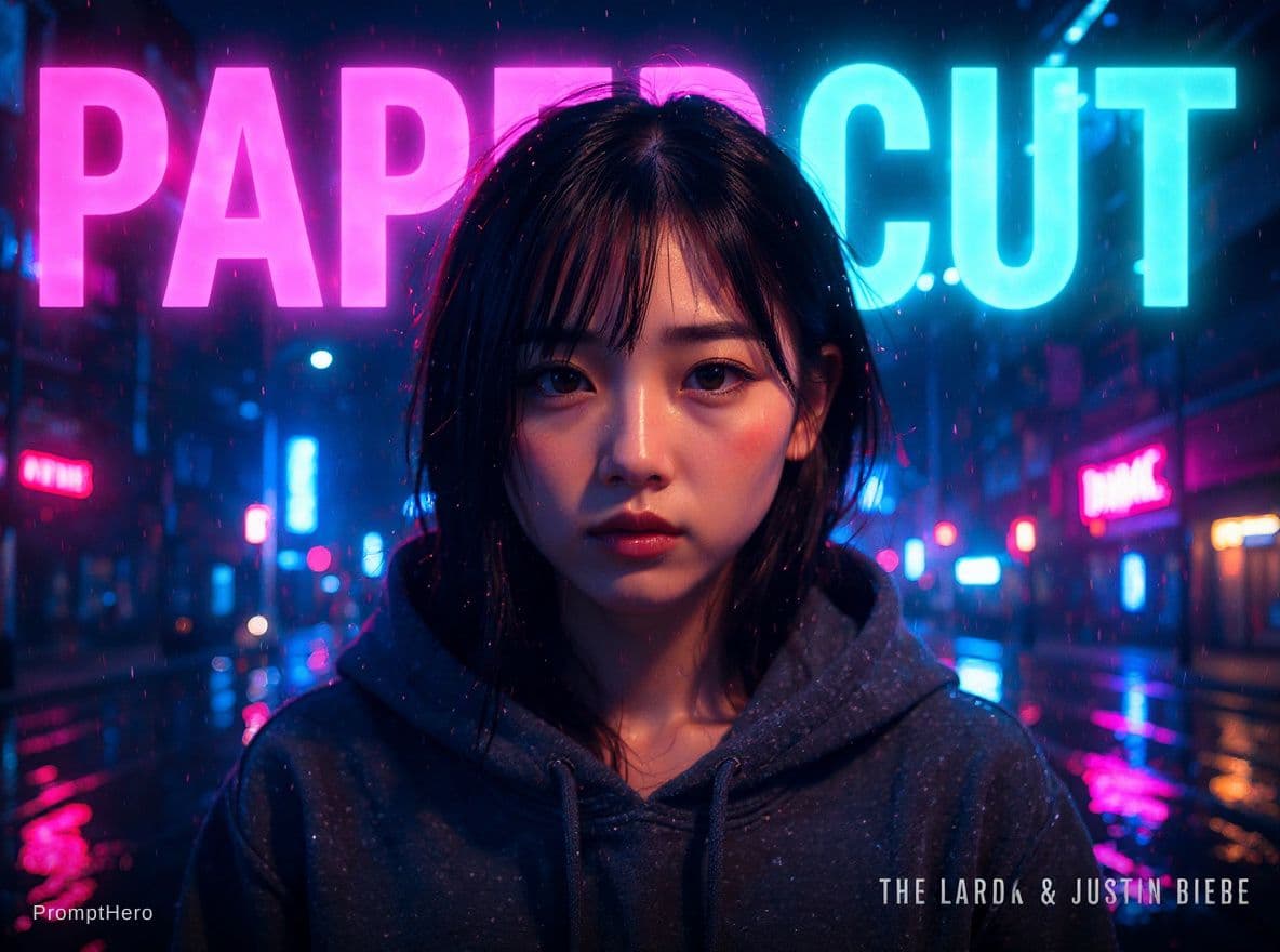 AI generated: cinematic close-up portrait of a cute young Japanese woman standing in a rainy neon-lit city at nigh...