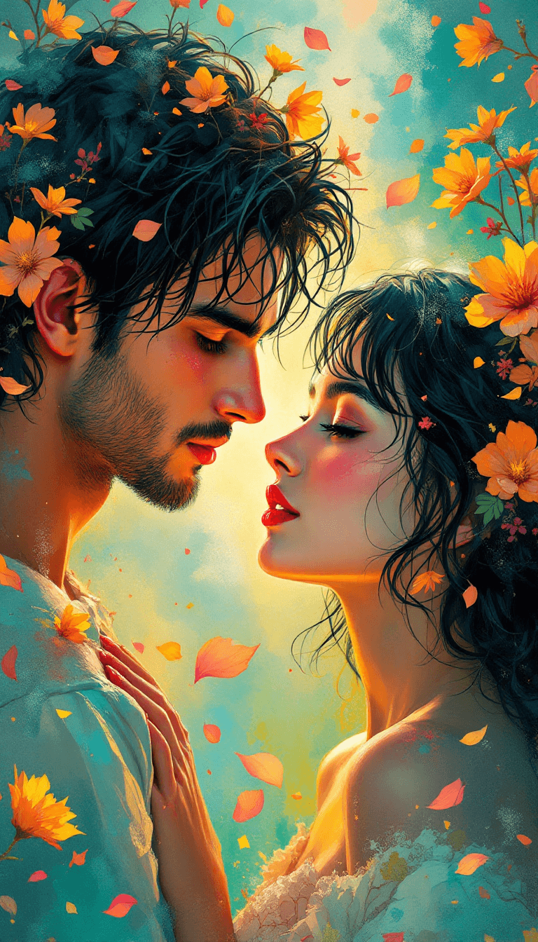 AI generated: A mesmerizing, painterly-style romantic portrait of a young couple standing face-to-face, their eyes...