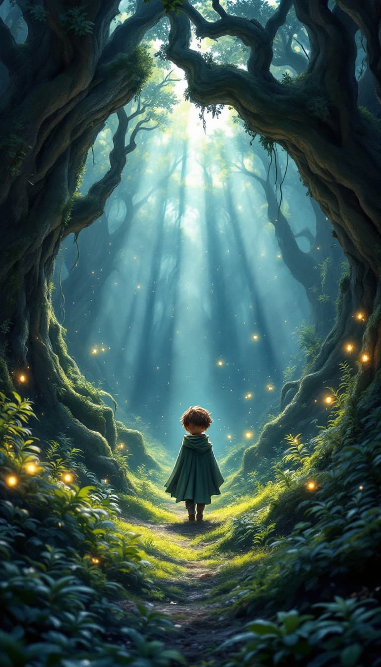 AI generated: A whimsical and mysterious fantasy scene inside a dense enchanted forest. A little mixed-race boy (b...