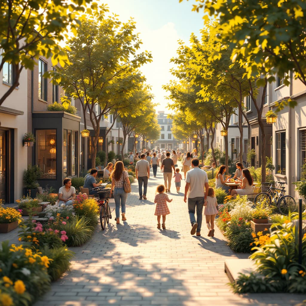 AI generated: A warm, photo-realistic image of a vibrant neighbourhood where people feel at home. The scene shows ...