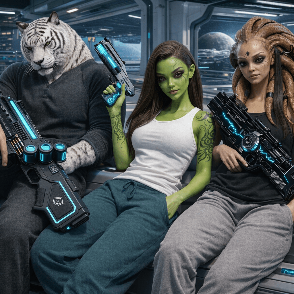 AI generated: Create an image where all the charactes are casually holding the reference weapons in a pose. Change...