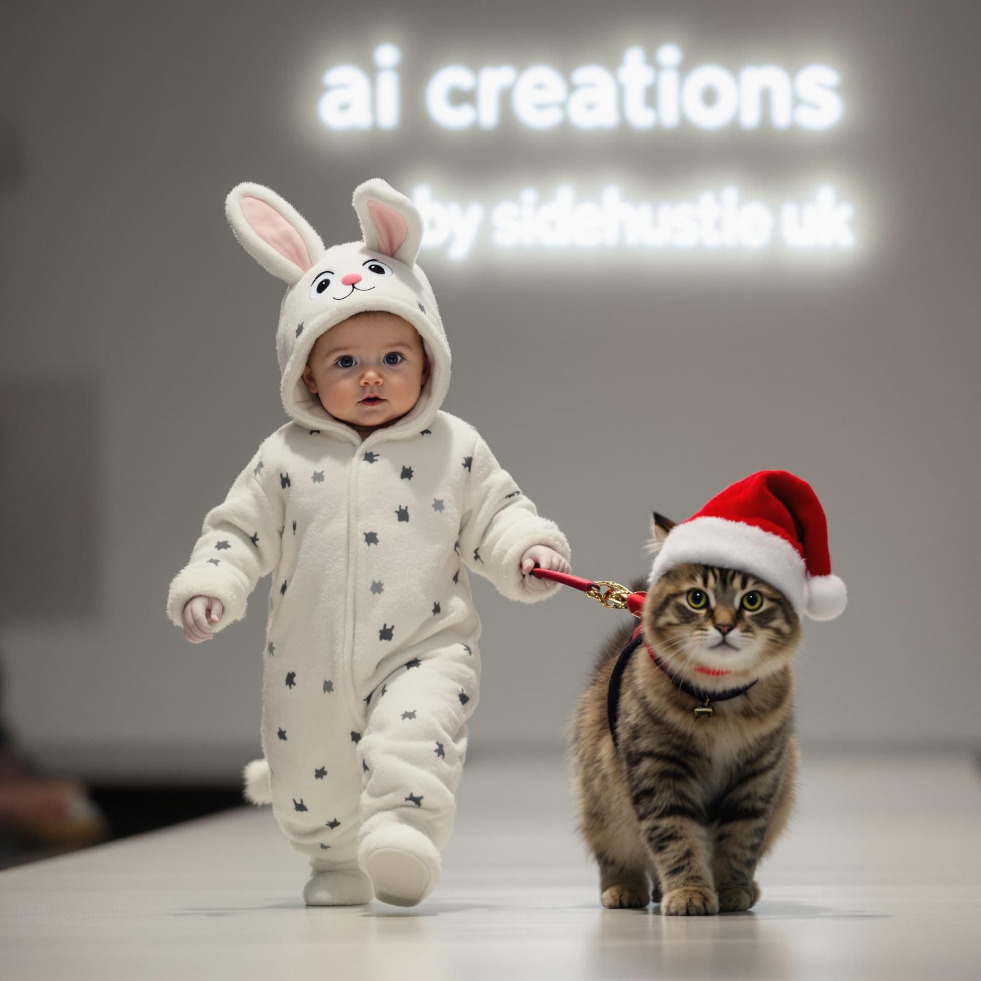 AI generated: A baby dressed in bunny pajamas leads a pet cat on a leash while walking at a Ai creations by sidehu...