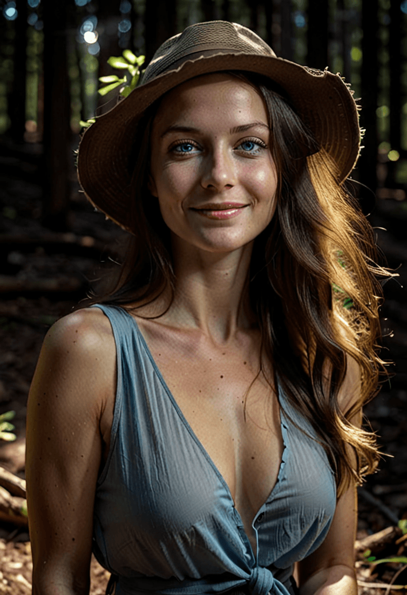 AI generated: HDR photo of woman, long brunette hair, smiling, no makeup, light blue eyes, brimmed hat, open blous...