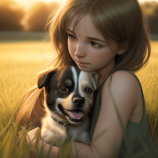 AI generated: Photorealistic Image of playing a Girl and Dog with a apportionment in Green Field, Golden Hour Ligh...