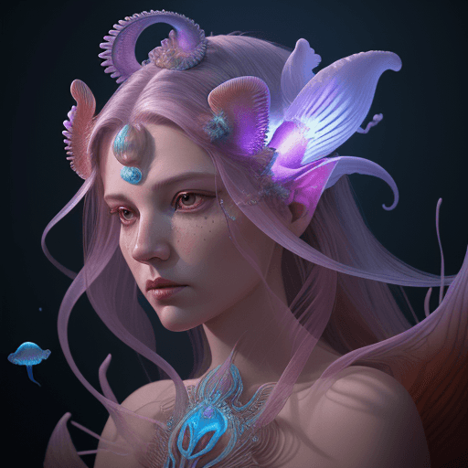 AI generated: Goddess close-up portrait ribcagel. jellyfish phoenix head, nautilus, orchid, skull, betta fish, bio...