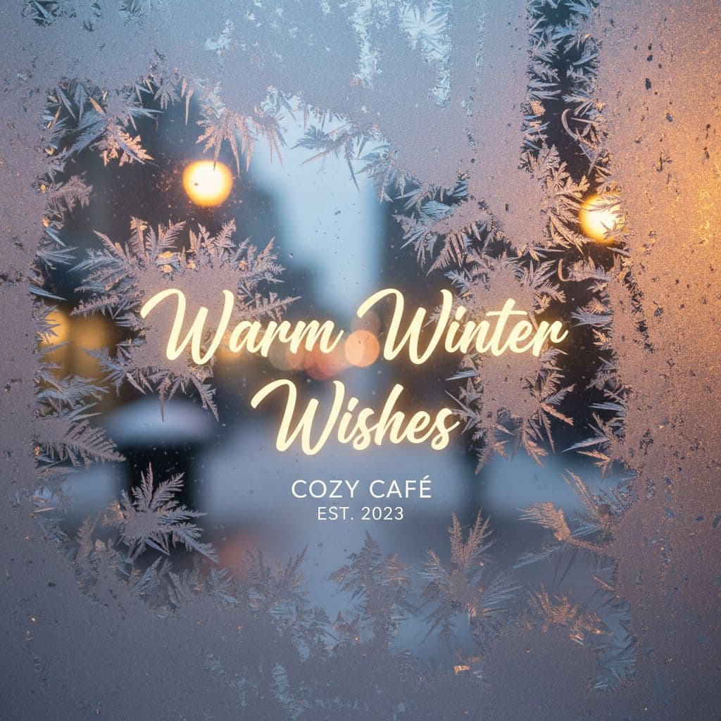 AI generated: Frosted window with glowing lights, main text in Pacifico script, secondary text in sans-serif.