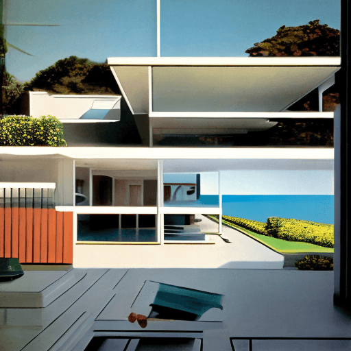 AI generated: Hyper realistic eye level exterior photo of a mid century modern style house overlooking the ocean, ...