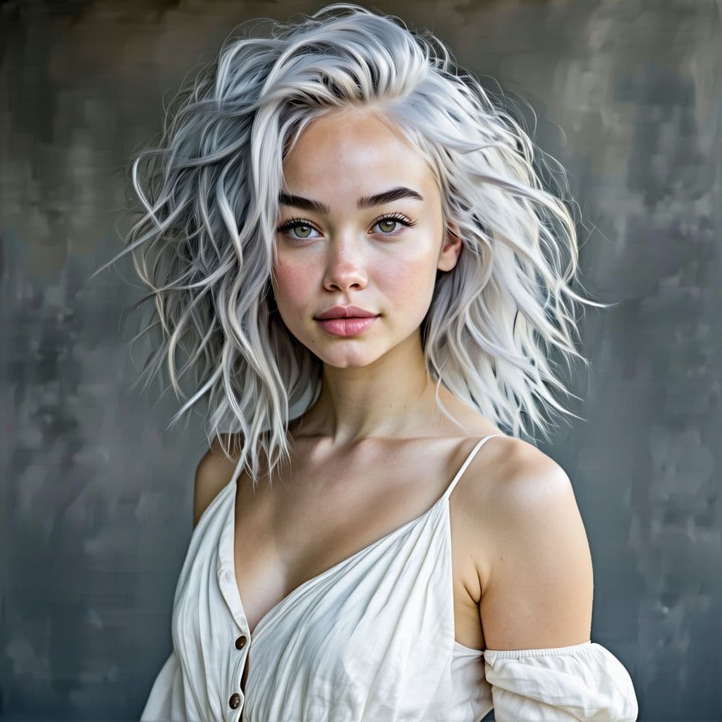 AI generated: 20 year old woman with silver hair, hourglass figure, wavy hair with volume, face looks similar to e...