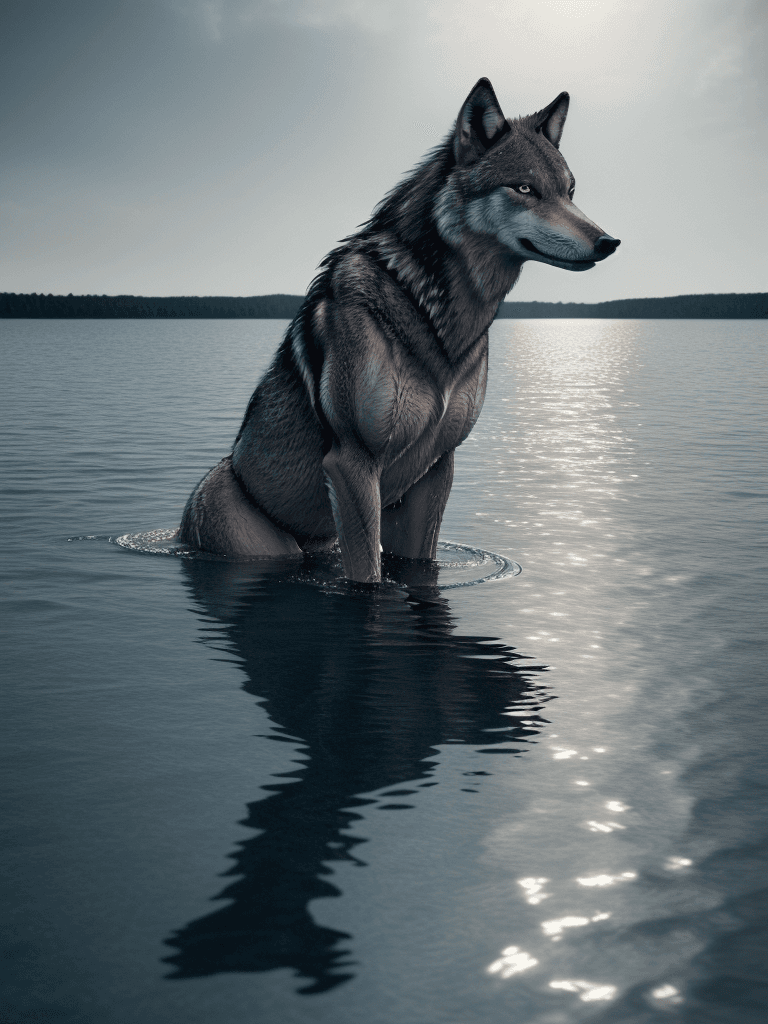AI generated: ultra realistic photograph of (one stunning anthropomorphic ((muscular (male))) wolf in swimwear, fo...