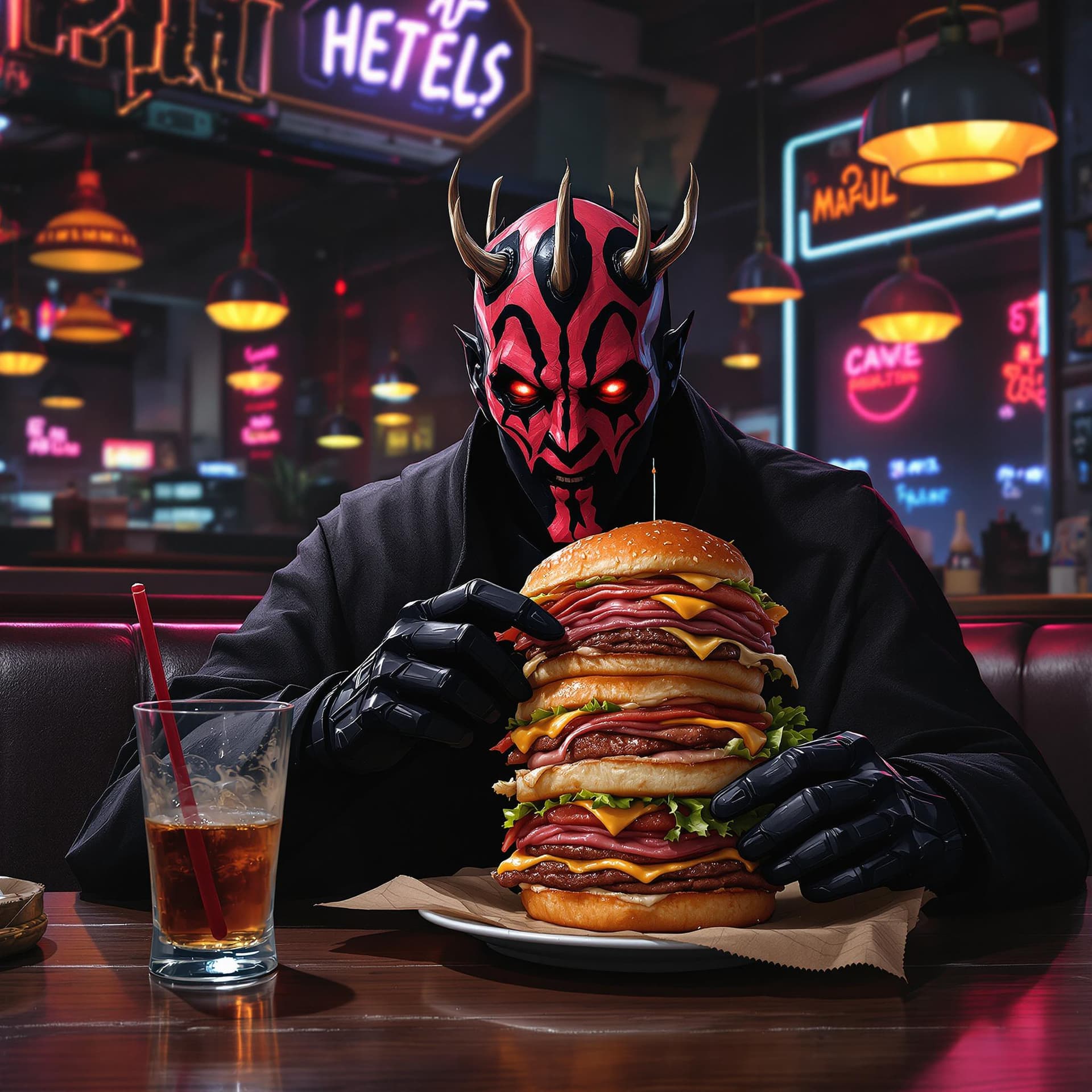 AI generated: A brooding Darth Maul, crimson lightsaber discarded, delicately savors a towering Reuben sandwich in...