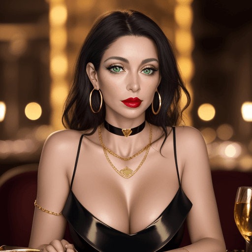AI generated: gorgeous spanish woman at dinner in upscale restaurant, 45 years old, golden link chain choker, glos...