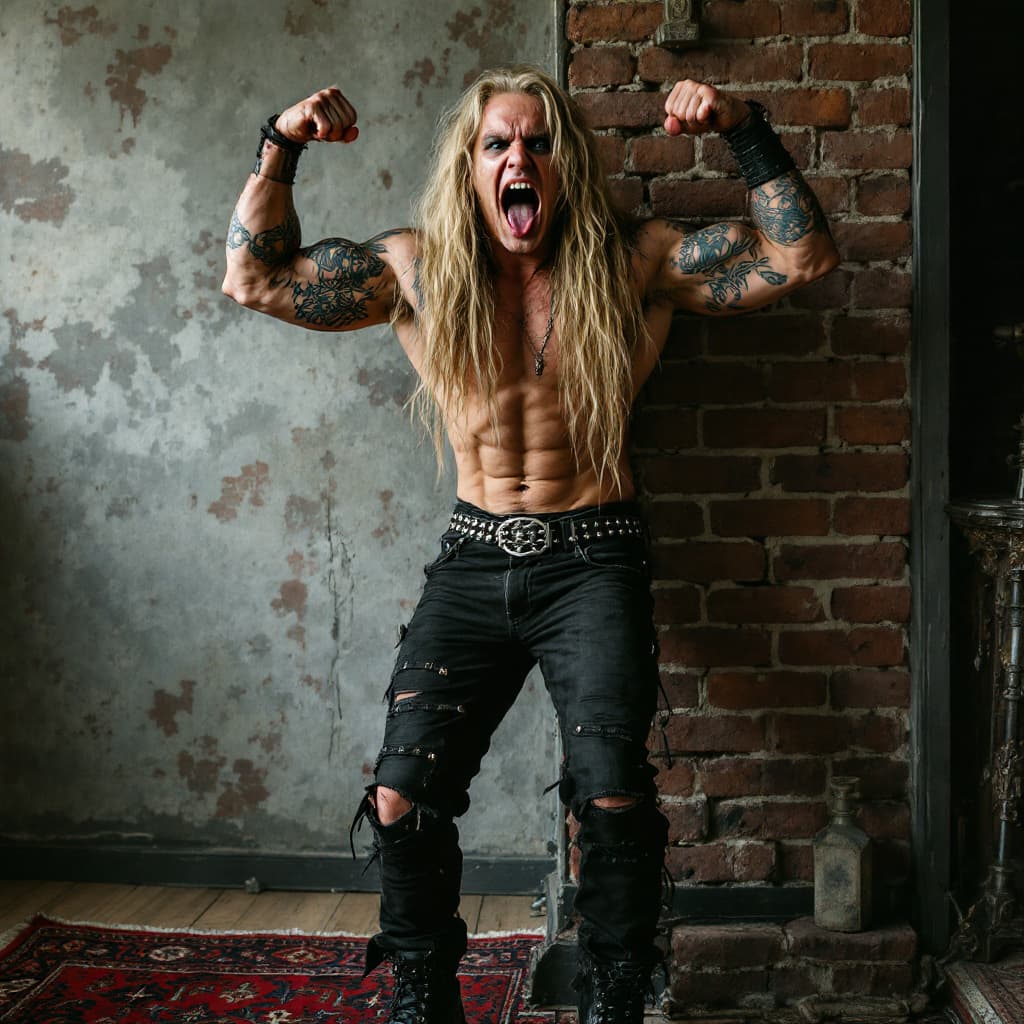 AI generated: Full body view, metal rocker, very long wavy blond hair, round face, chiseled jawline, toned muscles...