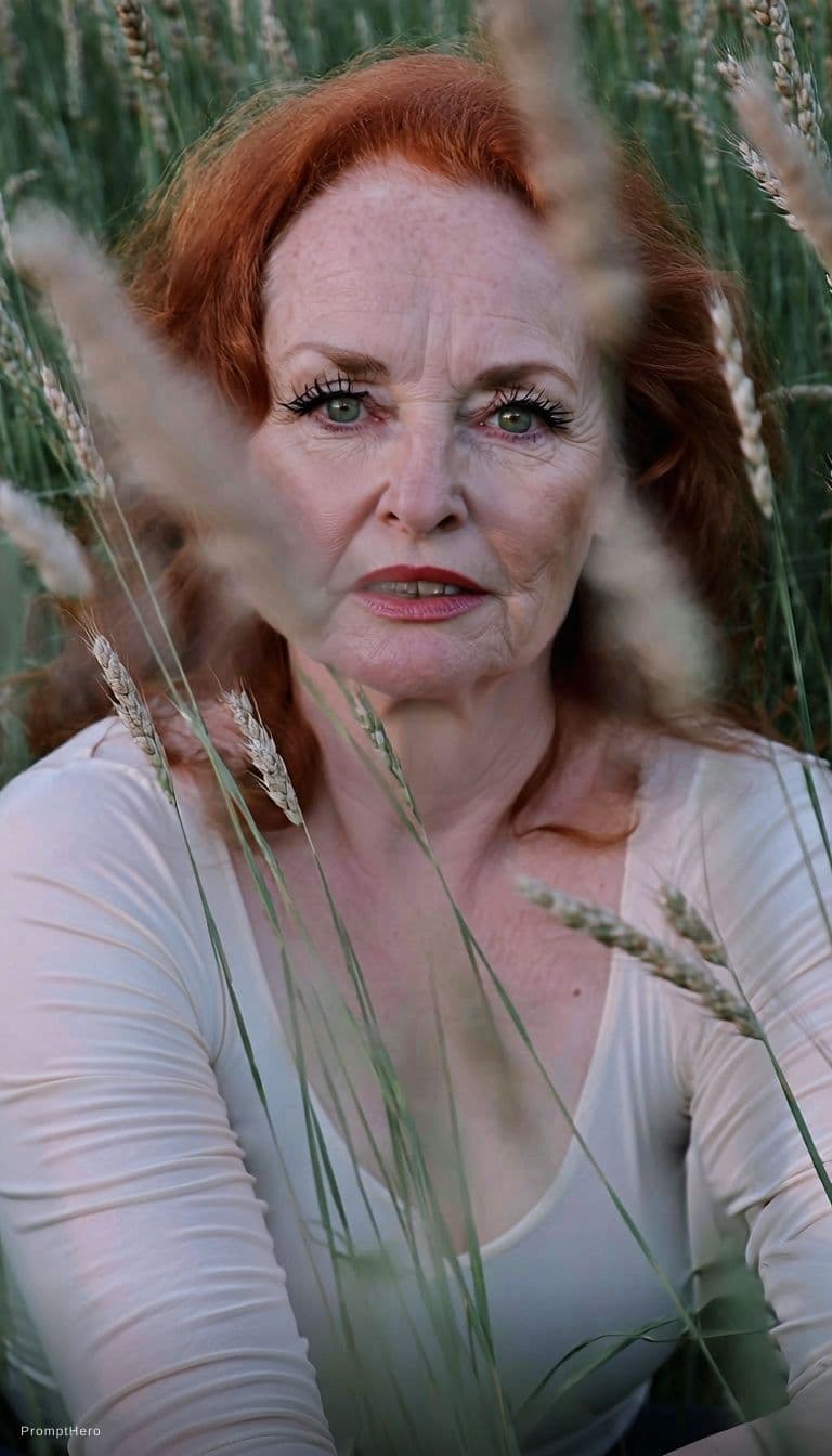 AI generated: A photorealistic portrait of a woman with vibrant, fiery red, wavy hair, seated in a field of tall g...