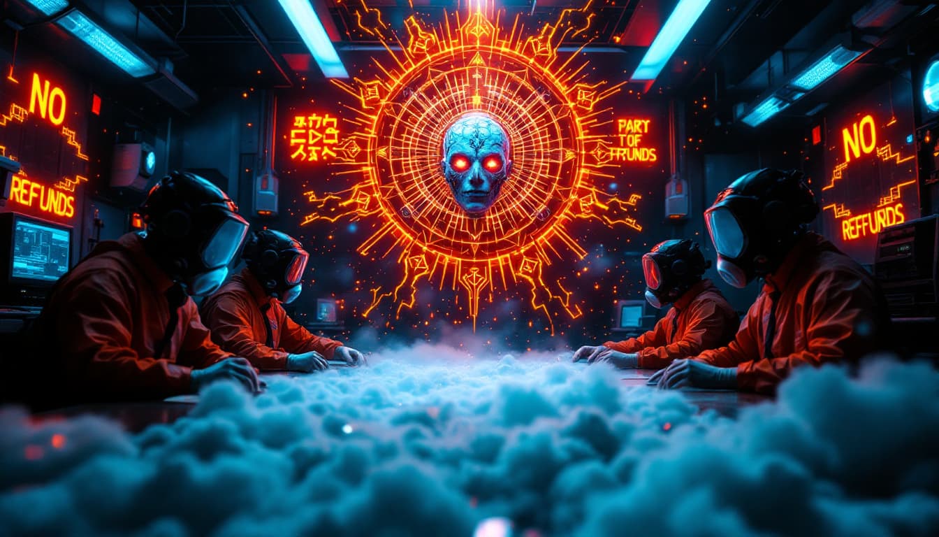 AI generated: Escena:
"Gran angular en un laboratorio clandestino iluminado por pantallas de monitores CRT azules ...