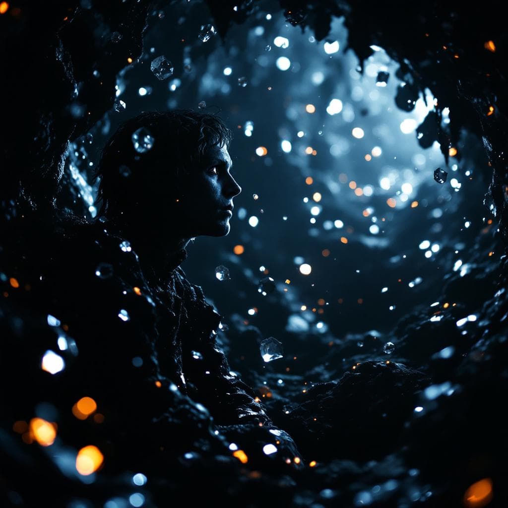 AI generated: photographic, ultrarealistic, ubsurdres, close up of a pitch black cavern, filled with sparkling  cr...