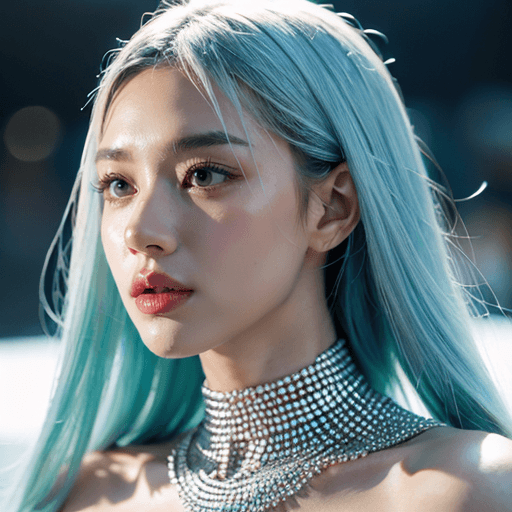 AI generated: futuristic, iced out, hair in mouth, jewelry, expressionless, cinemascope, bright skin